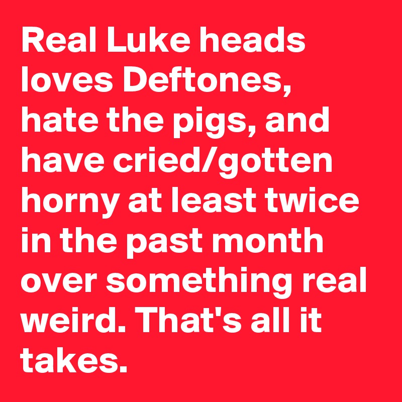 Real Luke heads loves Deftones, hate the pigs, and have cried/gotten horny at least twice in the past month over something real weird. That's all it takes.