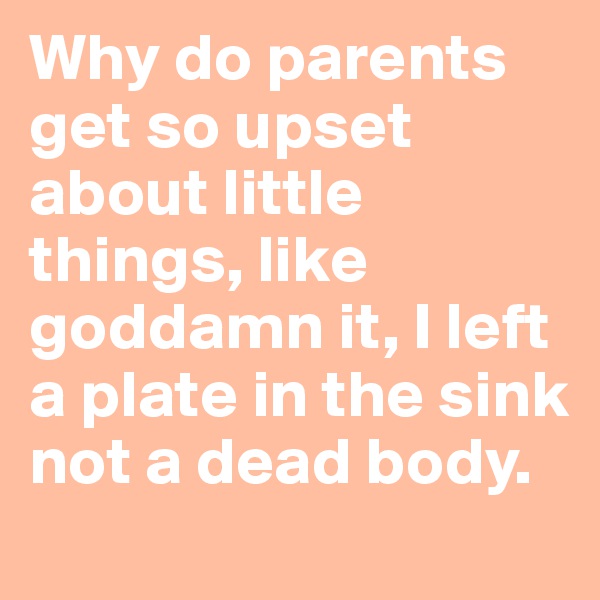 Why do parents get so upset about little things, like goddamn it, I left a plate in the sink not a dead body.