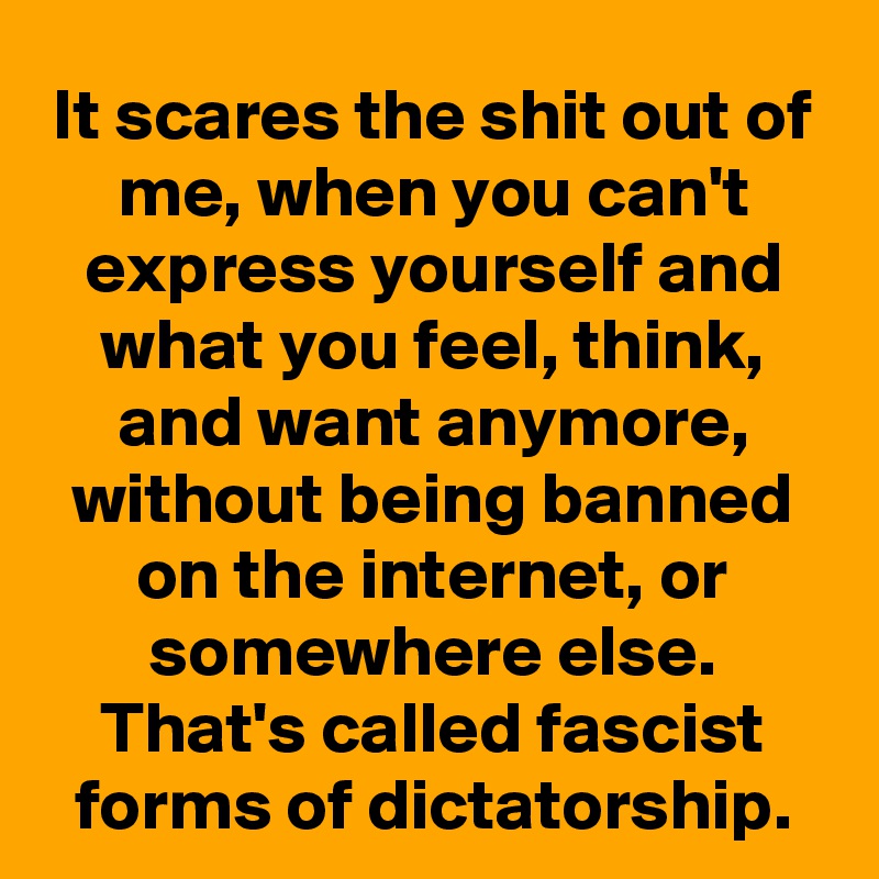 It scares the shit out of me, when you can't express yourself and what you feel, think, and want anymore, without being banned on the internet, or somewhere else.
That's called fascist forms of dictatorship.
