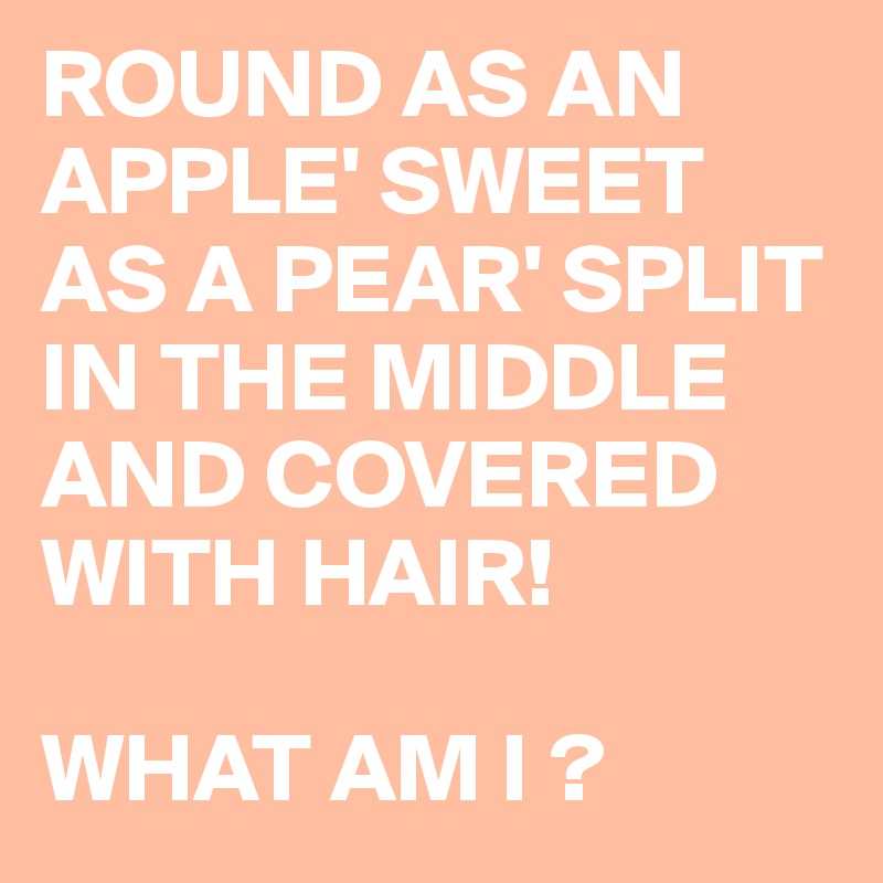 ROUND AS AN APPLE' SWEET AS A PEAR' SPLIT IN THE MIDDLE AND COVERED WITH HAIR!

WHAT AM I ?