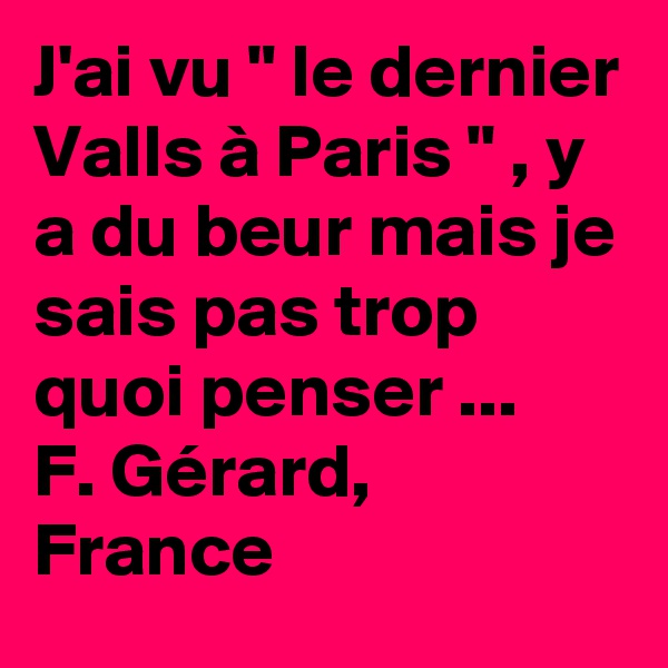 J'ai vu " le dernier Valls à Paris " , y a du beur mais je sais pas trop quoi penser ...
F. Gérard, France