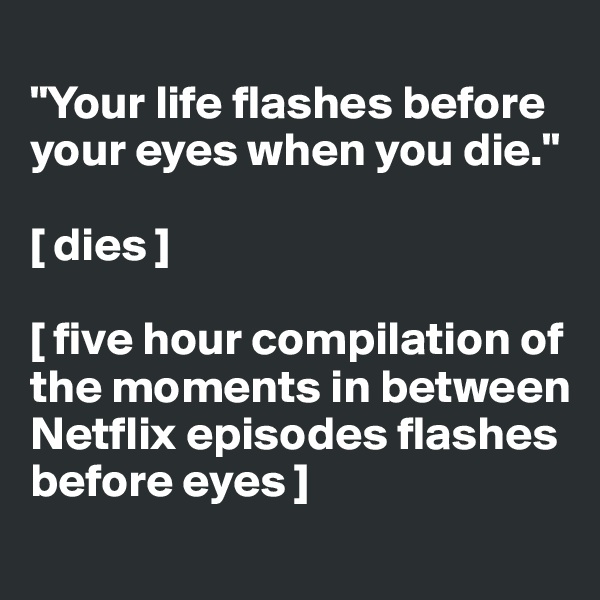 
"Your life flashes before your eyes when you die."

[ dies ]

[ five hour compilation of the moments in between Netflix episodes flashes before eyes ]
