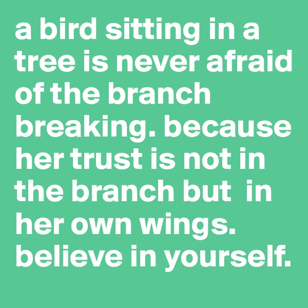a bird sitting in a tree is never afraid of the branch breaking. because her trust is not in the branch but  in her own wings. believe in yourself. 