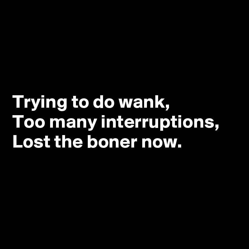 



Trying to do wank,
Too many interruptions,
Lost the boner now.



