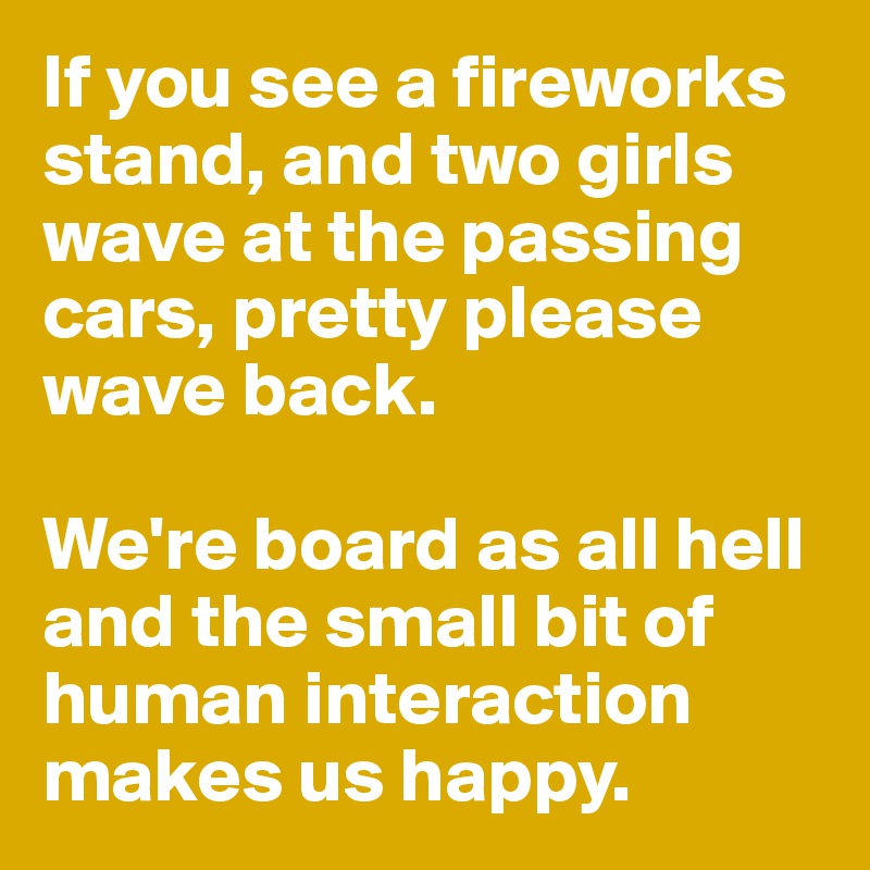 If you see a fireworks stand, and two girls wave at the passing cars, pretty please wave back. 

We're board as all hell and the small bit of human interaction makes us happy. 