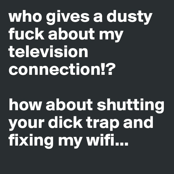 who gives a dusty fuck about my television connection!?

how about shutting your dick trap and fixing my wifi...