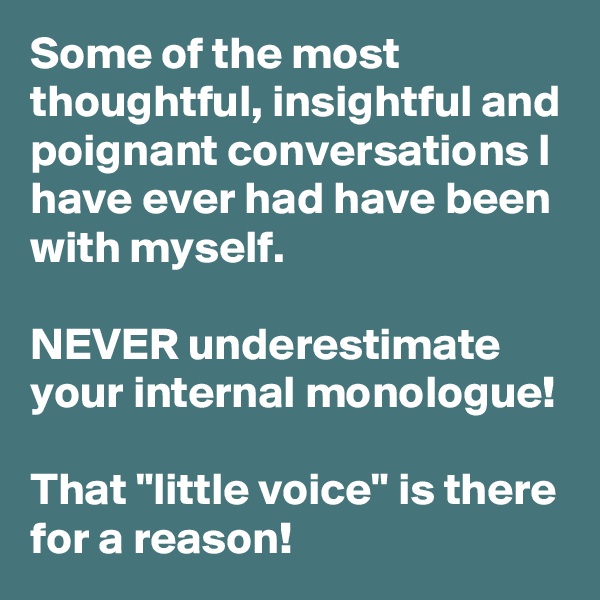 Some of the most thoughtful, insightful and poignant conversations I have ever had have been with myself.

NEVER underestimate your internal monologue! 
That "little voice" is there for a reason!