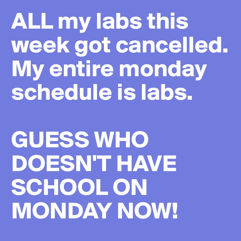 ALL my labs this week got cancelled. My entire monday schedule is labs.

GUESS WHO DOESN'T HAVE SCHOOL ON MONDAY NOW! 