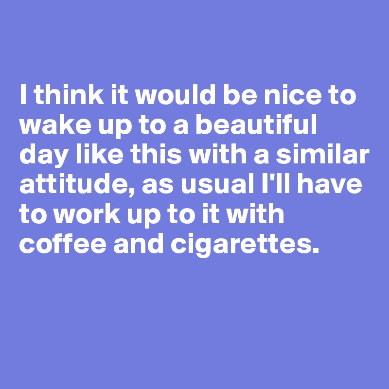 

I think it would be nice to wake up to a beautiful day like this with a similar attitude, as usual I'll have to work up to it with coffee and cigarettes.


