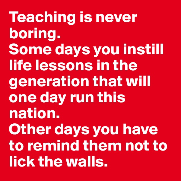 Teaching is never boring.
Some days you instill life lessons in the generation that will one day run this nation. 
Other days you have to remind them not to lick the walls.