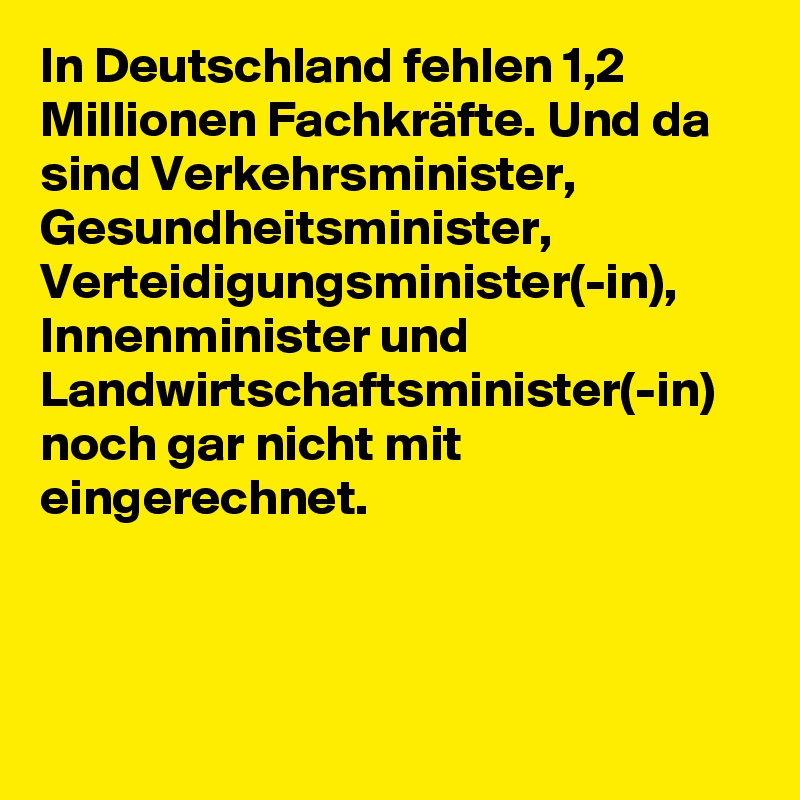 In Deutschland fehlen 1,2 Millionen Fachkräfte. Und da sind Verkehrsminister, Gesundheitsminister, Verteidigungsminister(-in), Innenminister und Landwirtschaftsminister(-in) noch gar nicht mit eingerechnet.