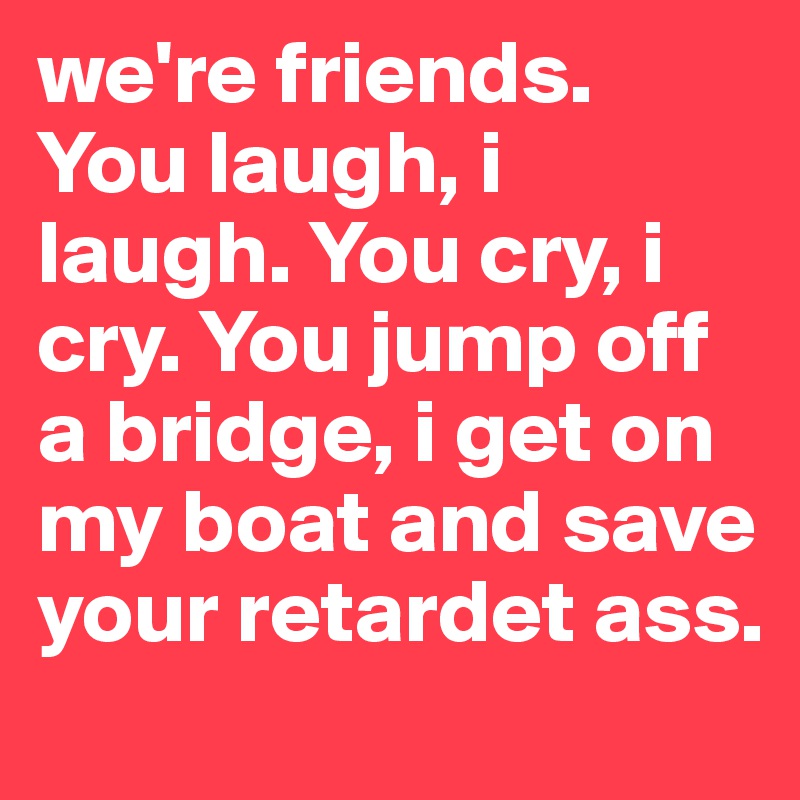 we're friends. 
You laugh, i laugh. You cry, i cry. You jump off a bridge, i get on my boat and save your retardet ass.