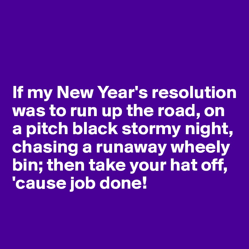 



If my New Year's resolution was to run up the road, on a pitch black stormy night, chasing a runaway wheely bin; then take your hat off, 'cause job done! 

