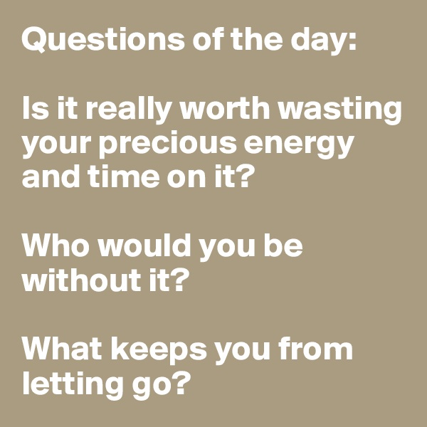 Questions of the day:

Is it really worth wasting your precious energy and time on it? 

Who would you be without it? 

What keeps you from letting go?  