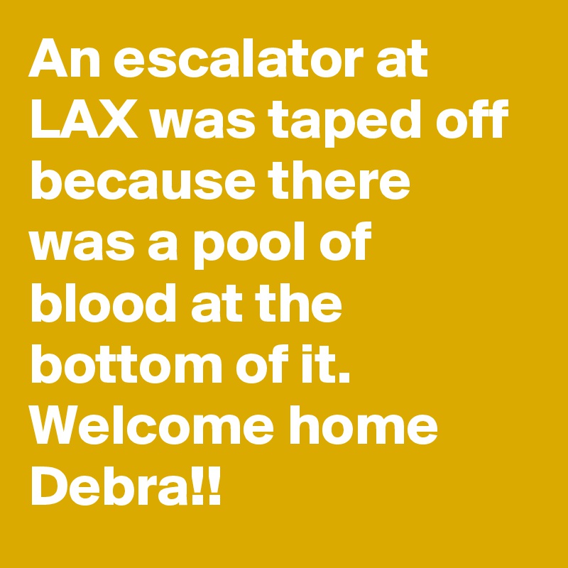 An escalator at LAX was taped off because there was a pool of blood at the bottom of it. Welcome home Debra!!