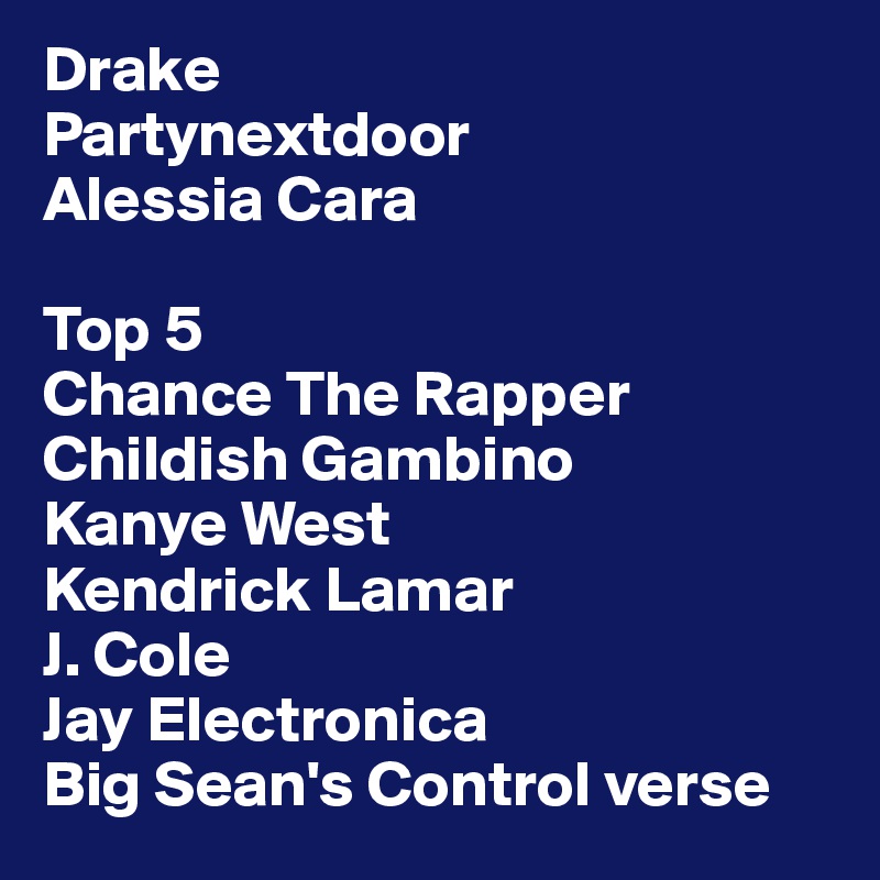 Drake 
Partynextdoor
Alessia Cara

Top 5
Chance The Rapper
Childish Gambino
Kanye West
Kendrick Lamar
J. Cole
Jay Electronica
Big Sean's Control verse