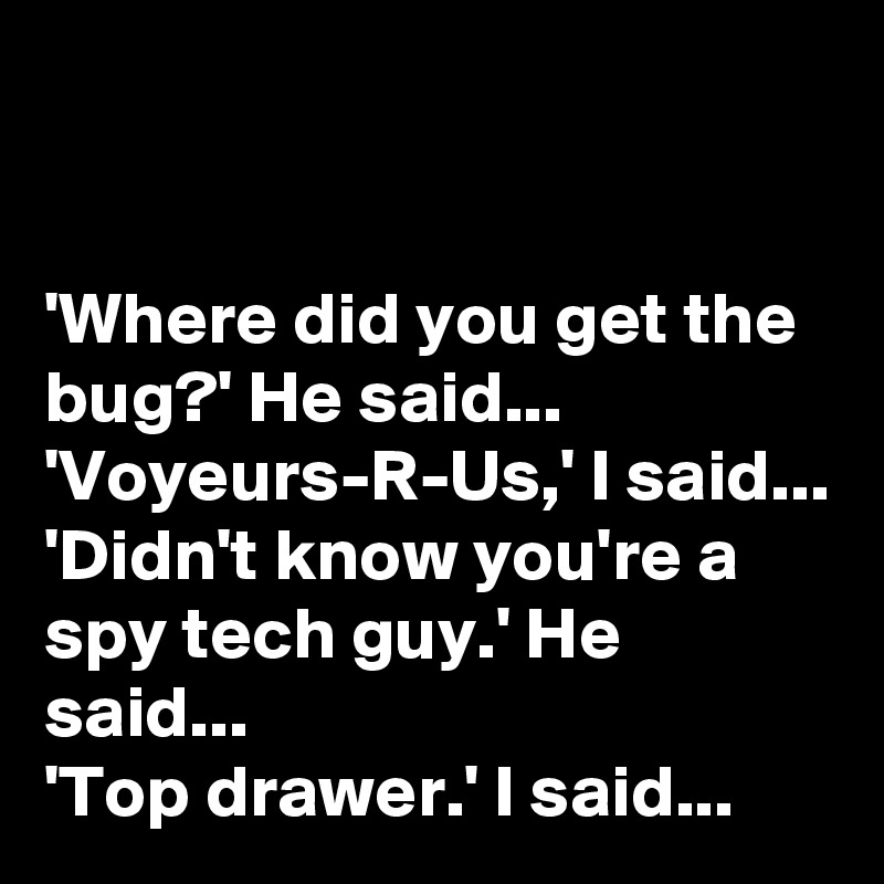 


'Where did you get the bug?' He said...
'Voyeurs-R-Us,' I said...
'Didn't know you're a spy tech guy.' He said...
'Top drawer.' I said...