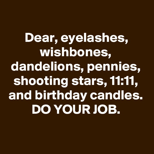 
Dear, eyelashes, wishbones, dandelions, pennies, shooting stars, 11:11, and birthday candles. DO YOUR JOB.

