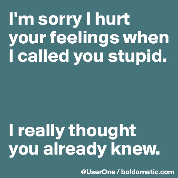 I'm sorry I hurt
your feelings when
I called you stupid.



I really thought you already knew.
