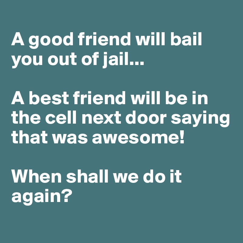 
A good friend will bail you out of jail...

A best friend will be in the cell next door saying that was awesome!

When shall we do it again? 