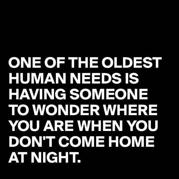 


ONE OF THE OLDEST HUMAN NEEDS IS HAVING SOMEONE TO WONDER WHERE YOU ARE WHEN YOU DON'T COME HOME AT NIGHT.