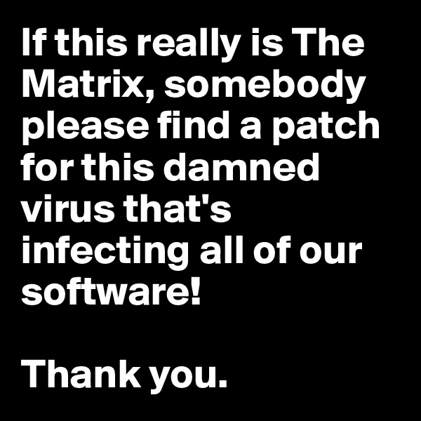 If this really is The Matrix, somebody please find a patch for this damned virus that's infecting all of our software!

Thank you.