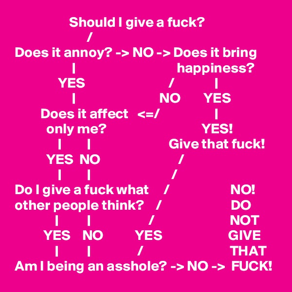                    Should I give a fuck?
                         /
Does it annoy? -> NO -> Does it bring
                    |                                   happiness?
               YES                             /              |       
                    |                             NO        YES
         Does it affect   <=/                   |
           only me?                                 YES!
               |         |                           Give that fuck!
           YES  NO                           /
               |         |                            /
Do I give a fuck what     /                     NO!
other people think?    /                        DO
              |          |                    /                          NOT
          YES    NO           YES                       GIVE
              |          |                /                              THAT
Am I being an asshole? -> NO ->  FUCK!