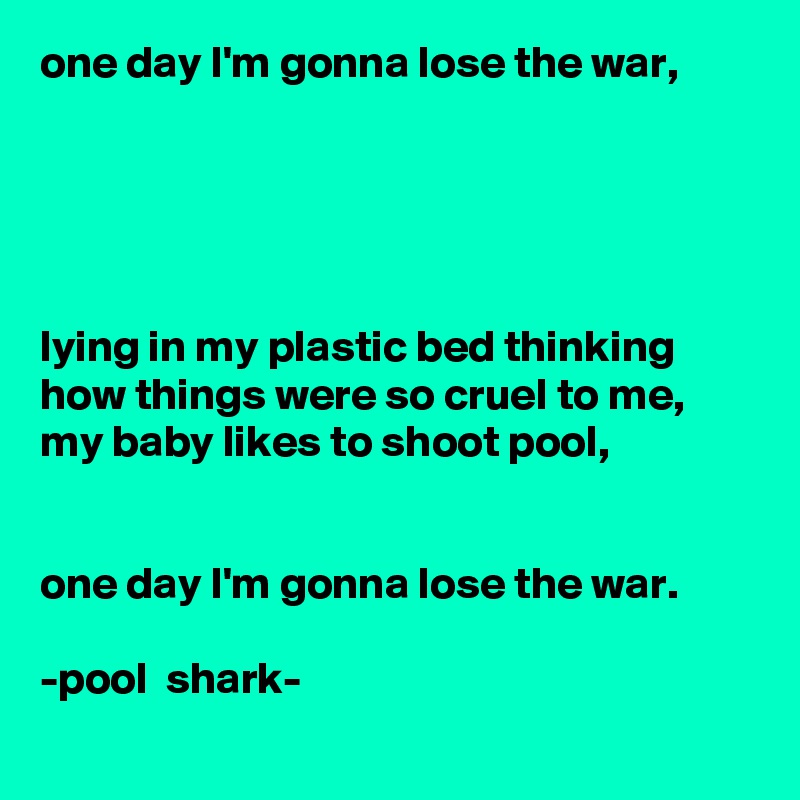 one day I'm gonna lose the war,





lying in my plastic bed thinking how things were so cruel to me, my baby likes to shoot pool, 


one day I'm gonna lose the war.

-pool  shark-
