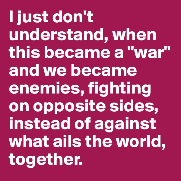 I just don't understand, when this became a "war" and we became enemies, fighting on opposite sides, instead of against what ails the world, together.