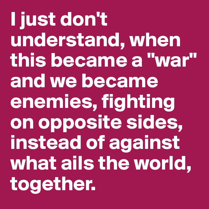 I just don't understand, when this became a "war" and we became enemies, fighting on opposite sides, instead of against what ails the world, together.