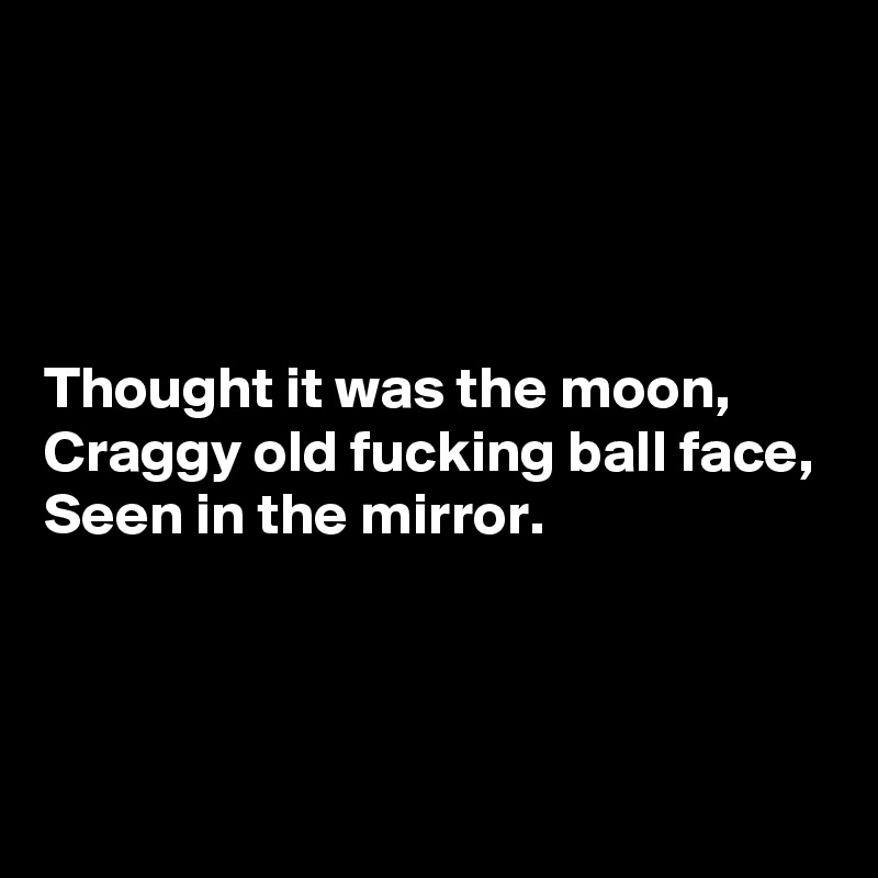 




Thought it was the moon,
Craggy old fucking ball face,
Seen in the mirror.



