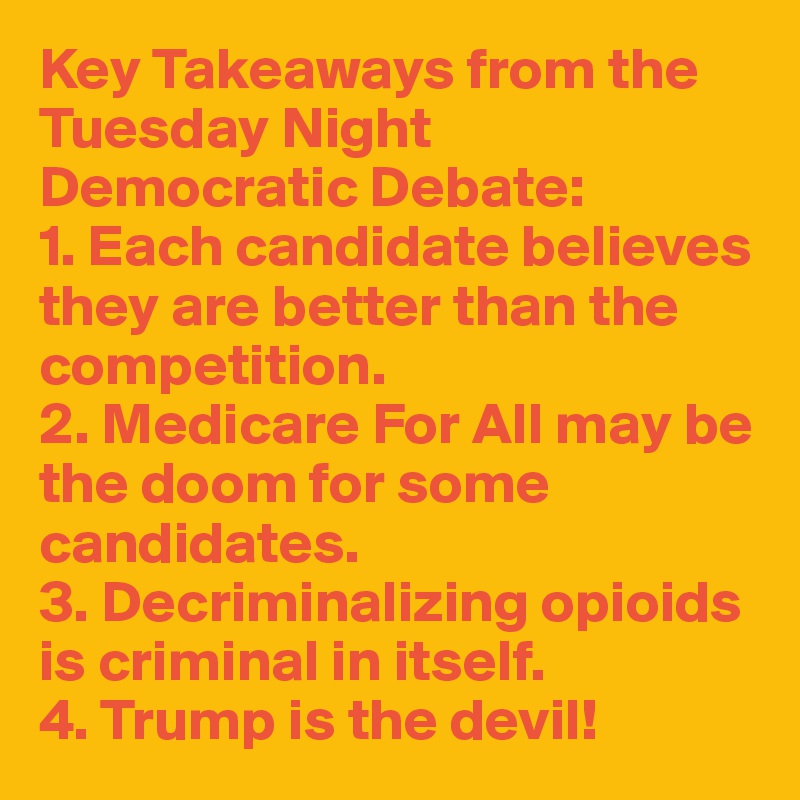 Key Takeaways from the Tuesday Night Democratic Debate:
1. Each candidate believes they are better than the competition.
2. Medicare For All may be the doom for some candidates.
3. Decriminalizing opioids is criminal in itself.
4. Trump is the devil!