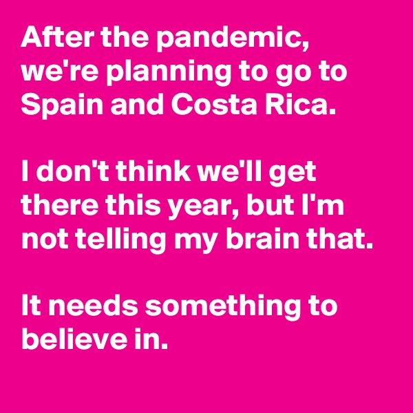 After the pandemic, we're planning to go to Spain and Costa Rica.

I don't think we'll get there this year, but I'm not telling my brain that.

It needs something to believe in.
