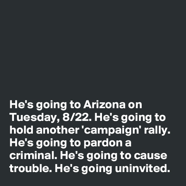 






He's going to Arizona on Tuesday, 8/22. He's going to hold another 'campaign' rally. He's going to pardon a criminal. He's going to cause trouble. He's going uninvited. 