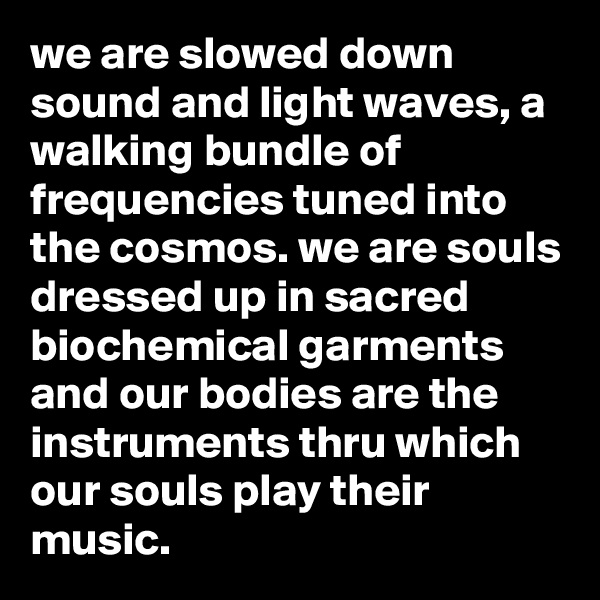 we are slowed down sound and light waves, a walking bundle of frequencies tuned into the cosmos. we are souls dressed up in sacred biochemical garments and our bodies are the instruments thru which our souls play their music.