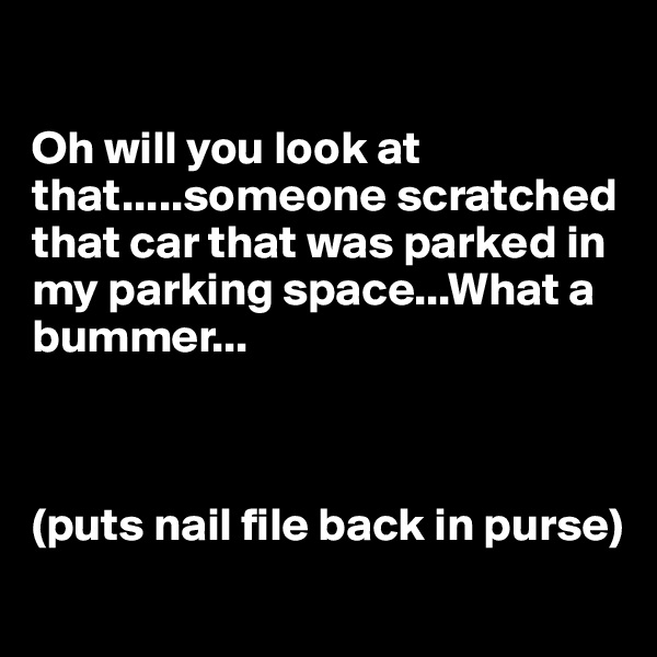 

Oh will you look at that.....someone scratched that car that was parked in my parking space...What a bummer...



(puts nail file back in purse)
