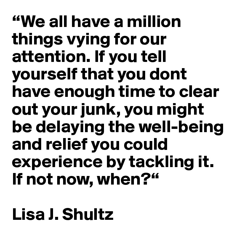 “We all have a million things vying for our attention. If you tell yourself that you dont have enough time to clear out your junk, you might be delaying the well-being and relief you could experience by tackling it. If not now, when?“

Lisa J. Shultz