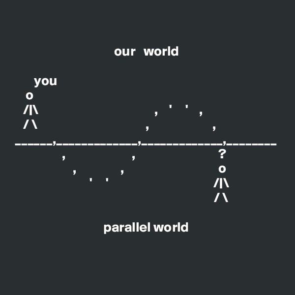 

                                    our   world
                                    
       you                                    
    o                                                  
   /|\                                          ,    '     '    ,
   / \                                       ,                       ,           
______,_____________,_____________,________
                 ,                        ,                              ?        
                     ,                ,                                  o  
                           '     '                                      /|\
                                                                        / \
             
                                parallel world

