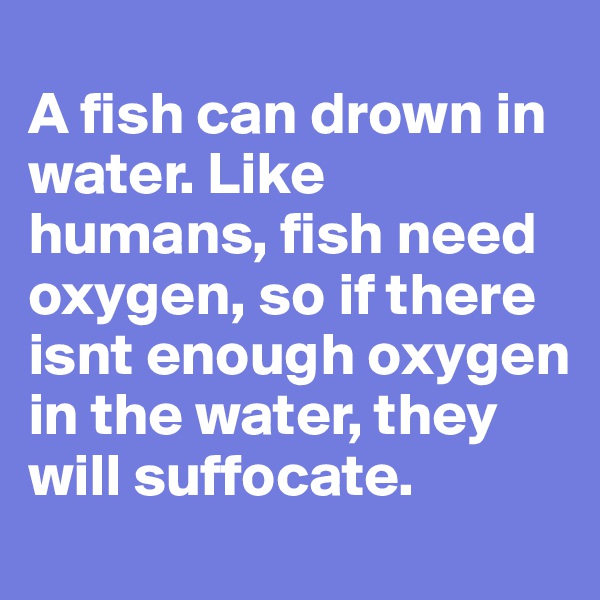 
A fish can drown in water. Like humans, fish need oxygen, so if there isnt enough oxygen in the water, they will suffocate.