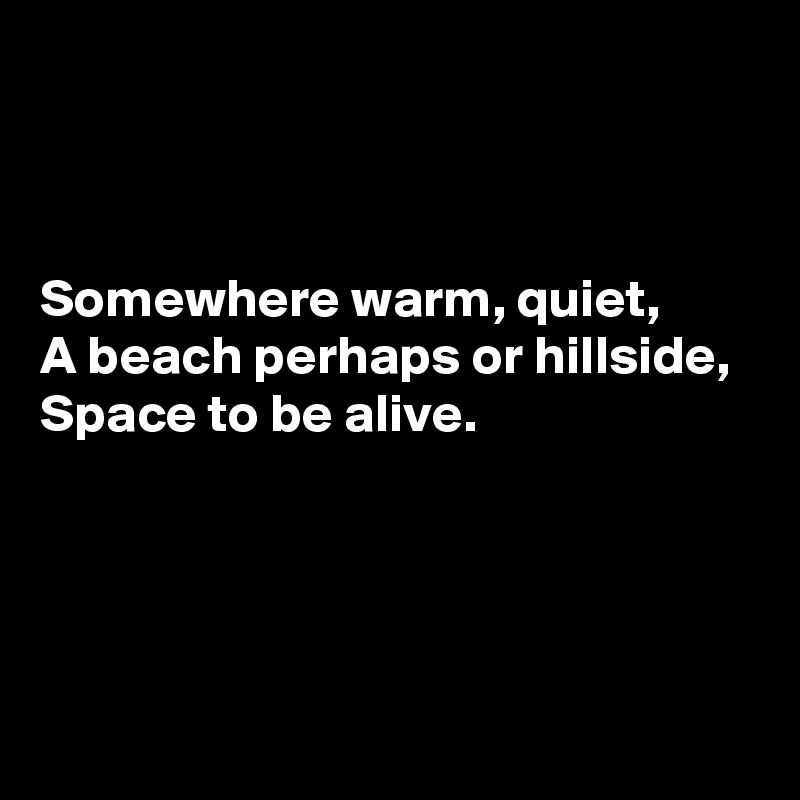 



Somewhere warm, quiet, 
A beach perhaps or hillside, 
Space to be alive.




