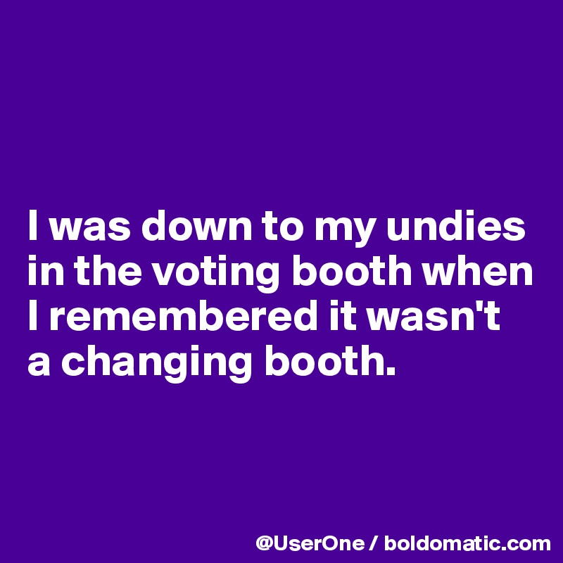 



I was down to my undies
in the voting booth when
I remembered it wasn't 
a changing booth.


