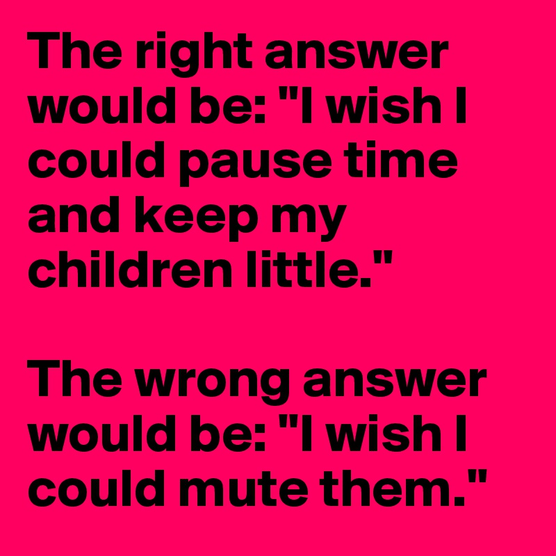 The right answer would be: "I wish I could pause time and keep my children little."

The wrong answer would be: "I wish I could mute them."