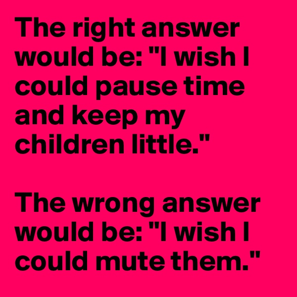 The right answer would be: "I wish I could pause time and keep my children little."

The wrong answer would be: "I wish I could mute them."