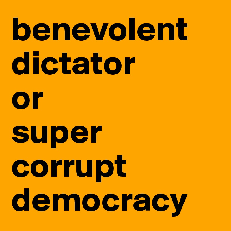 benevolent dictator 
or 
super corrupt democracy