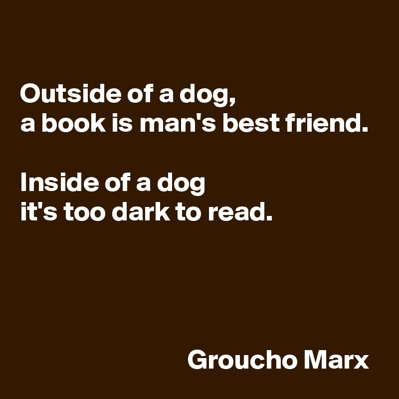 

Outside of a dog, 
a book is man's best friend.
 
Inside of a dog 
it's too dark to read.




                              Groucho Marx