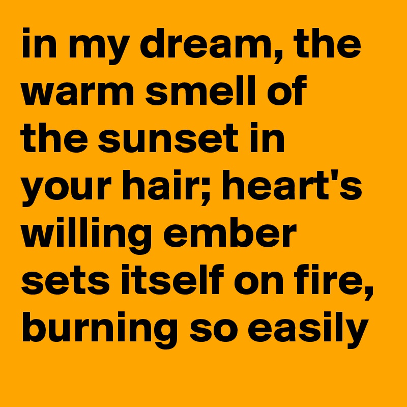 in my dream, the warm smell of the sunset in your hair; heart's willing ember sets itself on fire, burning so easily