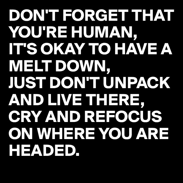 DON'T FORGET THAT YOU'RE HUMAN, 
IT'S OKAY TO HAVE A MELT DOWN, 
JUST DON'T UNPACK AND LIVE THERE,
CRY AND REFOCUS ON WHERE YOU ARE HEADED.