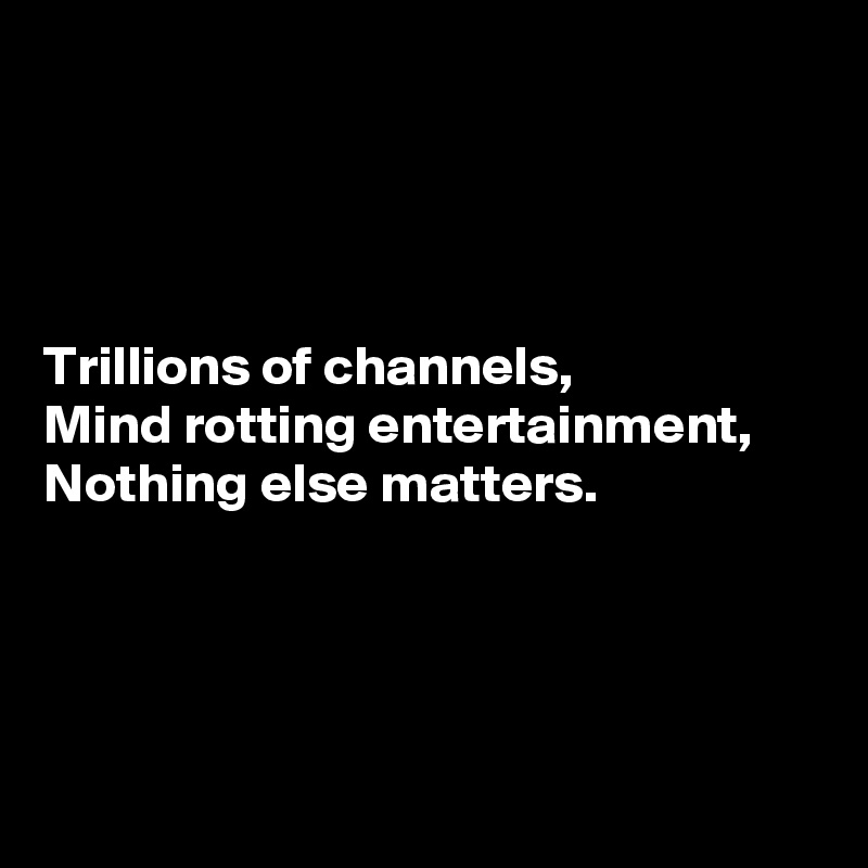 




Trillions of channels, 
Mind rotting entertainment, 
Nothing else matters.




