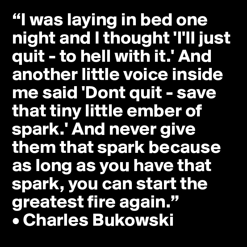 “I was laying in bed one night and I thought 'I'll just quit - to hell with it.' And another little voice inside me said 'Dont quit - save that tiny little ember of spark.' And never give them that spark because as long as you have that spark, you can start the greatest fire again.” 
• Charles Bukowski