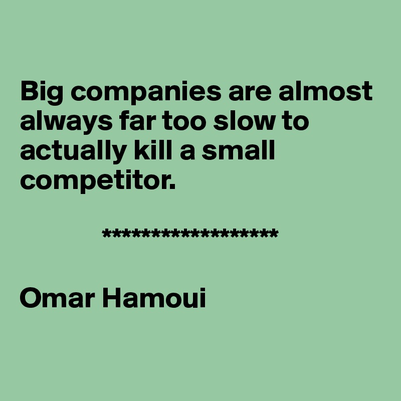 

Big companies are almost always far too slow to actually kill a small competitor.

              ******************

Omar Hamoui

